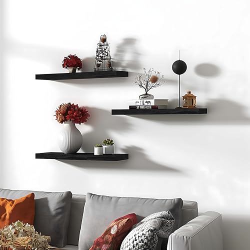Wood Floating Shelves for Wall, Wooden Wall Shelves for Bedroom, Wall Mounted Shelves for Living Room, Set of 6 Black - Image 6