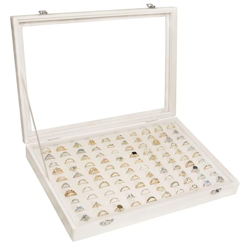 Siveit Velvet Ring Display Tray Organizer Box with Transparent Lid 100 Slot Ring Holder Showcase For Store Display Jewelry Show Home Ring Organizer For Rings Earrings (Beige)
