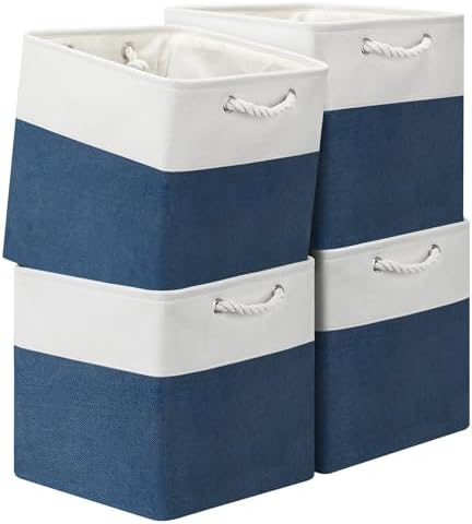 13x13 Storage Cube Bins 4Pack,Collapsible Cube Storage Organizer for Closet, Fabric Storage Box w/ Rope Handles, Foldable Storage Baskets for Shelves, Clothes,Closet Organization - White/Blue