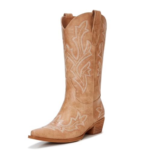 Image of Cowboy Boots for Women - Embroidered Western Cowgirl Boots with Fashion Snip Toe, 1.75-Inch Low Block Heel and All-Day Comfort Fit