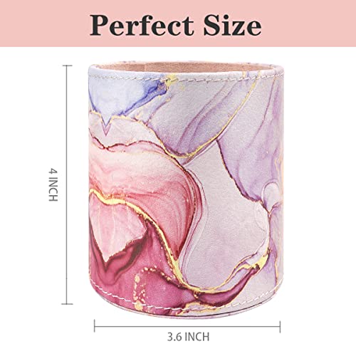 Image of Pen Holder for Women Girls, Pencil Cup Pink Desk Decor, Makeup Brush Holder Large Pu Leather Multi-Functional Organizer Cup for Office, Classroom, Home, Colorful Marble