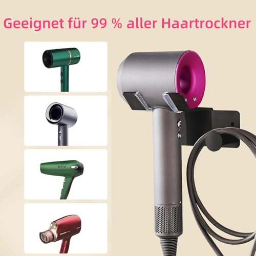 UEMUSI Föhn Halterung, Fönhalter Ohne Bohren, SUS304 Edelstahl Föhnhalter Wand Ohne Bohren Geeignet für die Meisten Haartrockner, Föhn Halterung Ohne Bohren fürs Badezimmer Schwarz