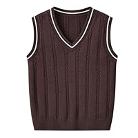 Boys Girls Knit Vest 100% Cotton Kids V Neck Sweater Tank Top School Uniform Sleevelss Jumper Girls Boys Knitwear Pullover Sweater Vest Age 2-10 Years Coffee