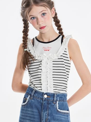 Image of Girls Tank Tops Summer Sleeveless Camisole Vest Stripes and Bows Cute Shirt for 6-16years