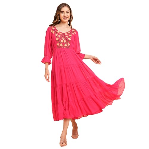 Image of RATAN Women's Floral Embroidered Puff Sleeve Chiffon Flared Tiered Kurta Gown Maxi Dress