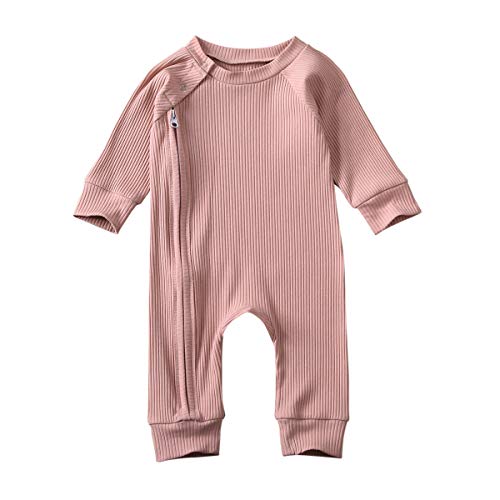 Newborn Baby Boy Girl Zipper Footed Pajamas Ribbed Ruffle One Piece Footie Romper Jumpsuits Sleeper Pjs (Z-Pink, 0-3 Months)