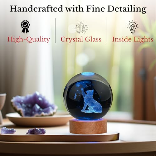 Image of 2 Pcs 3D Laser-Engraved Crystal Cat Ball Lamp with Wooden Base, USB Powered Hand & Cat RGB Night Light, A Unique Crystal Lamp for Your Home & Office Or Decorative Showpiece & Gift