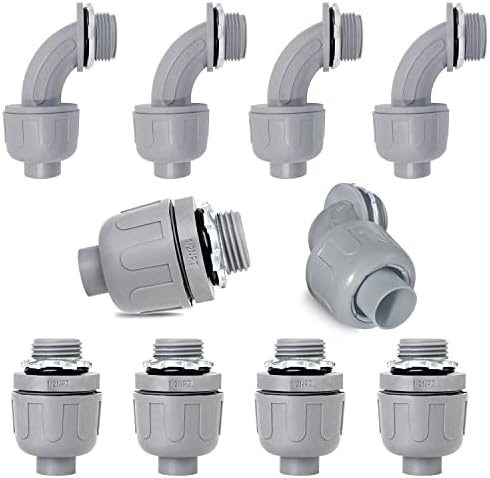 1/2 inch Liquid Tight Connector PVC Flexible Conduit Connector UL Listed Liquid Tight Connector Non-Metallic Electrical Conduit Fittings 10 Pack (5 pcs 180D/5 pcs 90D)…