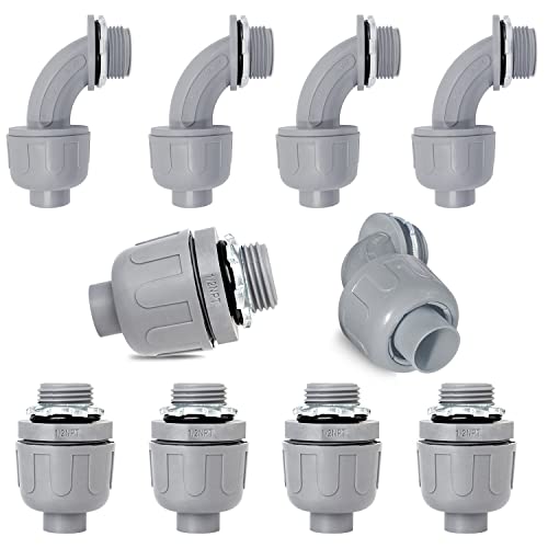 1/2 inch Liquid Tight Connector PVC Flexible Conduit Connector UL Listed Liquid Tight Connector Non-Metallic Electrical Conduit Fittings 10 Pack (5 pcs 180D/5 pcs 90D)…