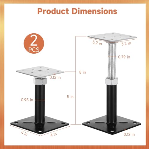 Image of 2 PCS Adjustable Floor Jacks, Heavy Duty Metal Post Floor Support, 5 to 8 Inches Mini Screw House Jack, Deck Foundation Lift Support, Level Support Floor Straightener for Balcony Patio Courtyard