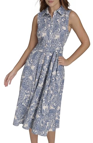 Image of Tommy Hilfiger Women's Sleeveless Collared Button Front Tie Waist Midi Shirt Dress
