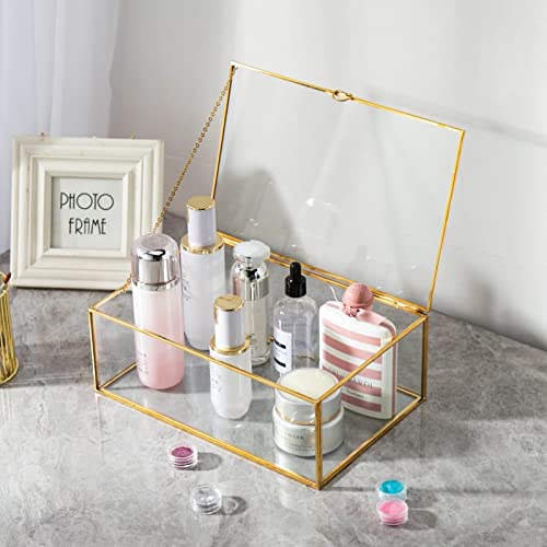 Whslilr 10.8” Glass Jewelry Box Gold Card Box With Hinged Lid, Gold Keepsake Box For Storage Wedding Card, Trinkets, Photo And More, Cute Glass Box For Women And Girl,Vintage #TOP3