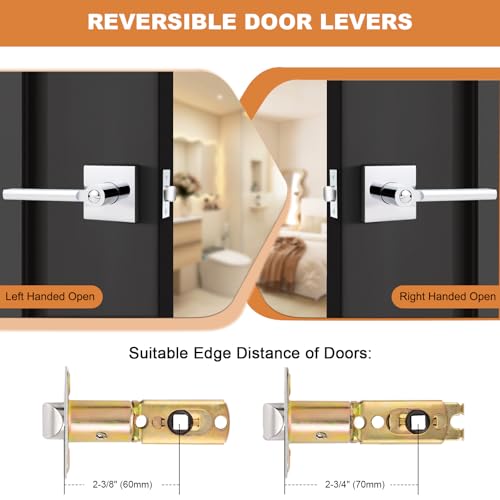 Probrico Interior Door Handles with Lock, Polished Chrome Privacy Levers for Bedroom Bathroom, Heavy Duty Square Reversible Lockset, 10 Pack by Probrico - Used condition - Image 4