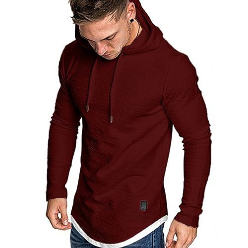 Remxi Men's Long Sleeve Pullover Hoodie Tops Sportwear Muscle Hoodie T-Shirts Solid Color Sweatshirt For Men SolidRed M