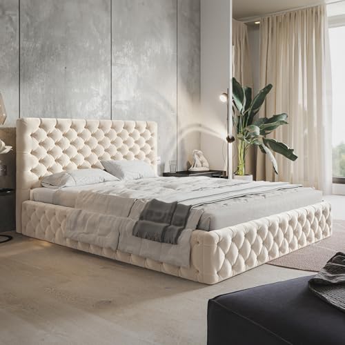 MOTIVENA Dalia Chesterfield Bett 180x200 Beige Samt, mit Stauraum, mit Kopfteil, mit Lattenrost, ohne Füße, ohne Matratze, Chesterfield Polsterbett 180x200 mit Bettkasten Beige (Creme)