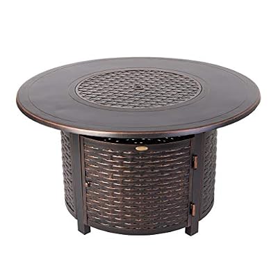 Fire Sense 62373 Florence Woven Aluminum Convertible Gas Fire Pit Table 55,000 BTU Multi-Functional Outdoor with Fire Bowl Lid, Nylon Weather Cover & Clear Fire Glass - Bronze Finish - Round - 44"