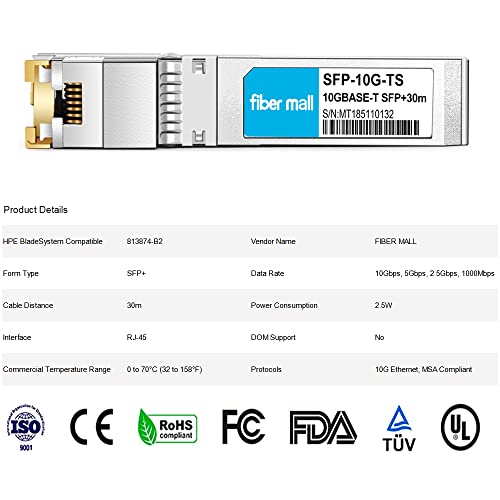 Image of 10gbase-t sfp+ to rj45 for HPE BladeSystem 813874-B2 Compatible 10G SFP+ Copper RJ-45 30m Transceiver Module