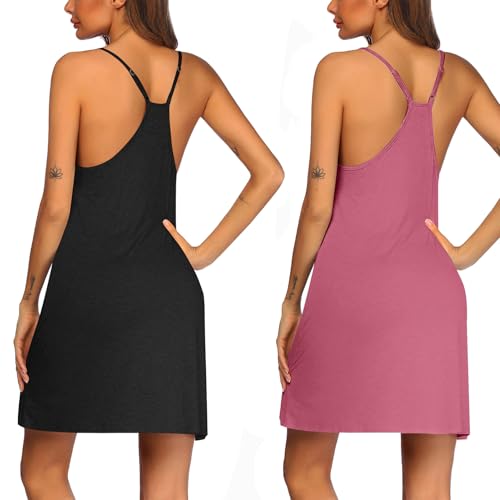 Image of Ekouaer 2 Pack Nightgown for Womens Nightshirt Sleepwear Sleep Tank Chemise Racerback Sleeveless Dress