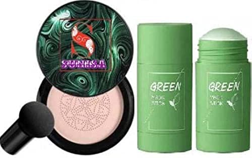 SUNISA Bb And Cc Cream Full Coverage Natural Foundation For All Skin Type With Mushroom Head Air Cushion 20G And 1 Green Tea Stick Mask – (Pack Of 2)