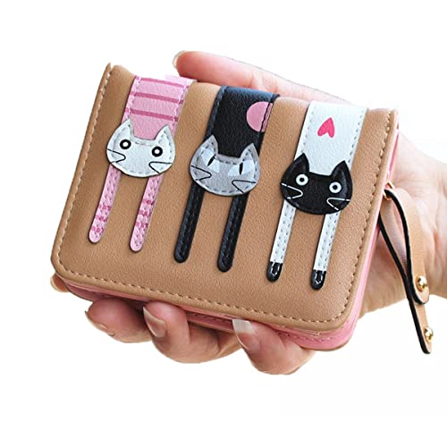 Valentoria® Birthday Gifts For Women's Mini Faux Leather Bifold 3 Cat Design Clutch Wallet (Coffee) #TOP6