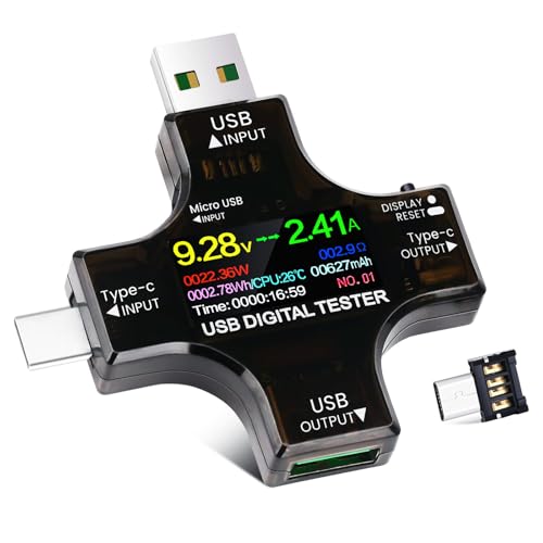 YEREADW USB C Tester 2 en 1, Probadores de Medidor de Potencia USB 3.6-32V 0-8.0A Voltaje Tipo C Multifuncional Digital Detector de Cargador Multímetro Voltaje, Corriente, Capacidad de Alimentación