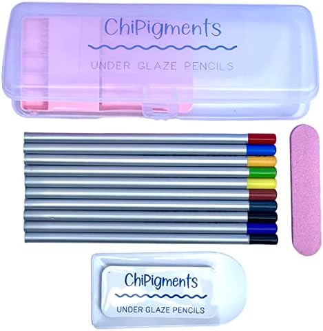 ChiPigments *Set of 10* Underglaze Pencils for Pottery and Fused Glass with Bonus Pencil Pointer File. Great Clay Tools For Pottery Glaze and Kiln Ceramics. One Underglaze Pencil per color.