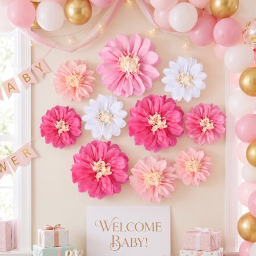 Image of Cholemy 24 Pcs Tissue Paper Flowers 8 inch 10 inch 12 inch, Pink, White