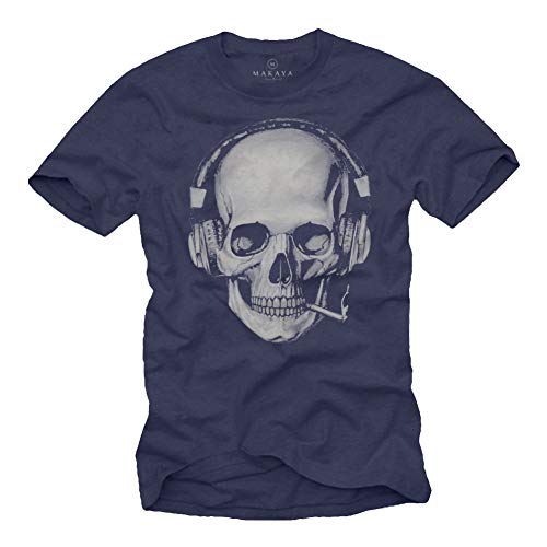 Tee Shirt Tete de Mort Homme - Swag Musique Rock Skull avec Casque Bleu M