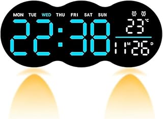 Reloj de pared LED con iluminación ambiental colorida y control remoto; muestra múltiples funciones, incluyendo hora y temperatura (azul)