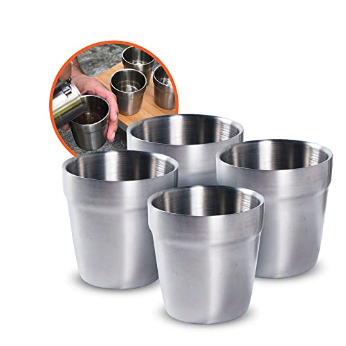 Ncamp - Camping Coffee Cup Set, Insulated Stainless Steel Cups, Stackable Metal Cups, Stainless Steel Cup With Nylon Drawstring Bag, Made With 304 Stainless Steel, 6 Oz, 4-Piece Set #TOP7