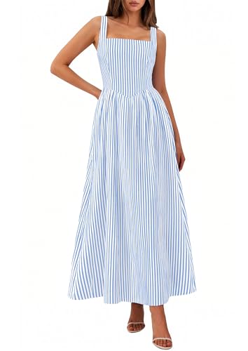 PRETTYGARDEN Women's Maxi Dress Summer Striped Sundress 2026 Spring Smocked A Line Long Flowy Beach Vacation Party Dresses (Blue Striped,Large)
