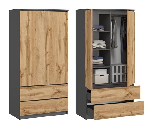 KUBUTKU Grande armoire avec 2 portes, 2 tiroirs, 4 étagères et portemanteau - Multi-usage - 180 x 90 x 50,5 cm (graphite/chêne Wotan)