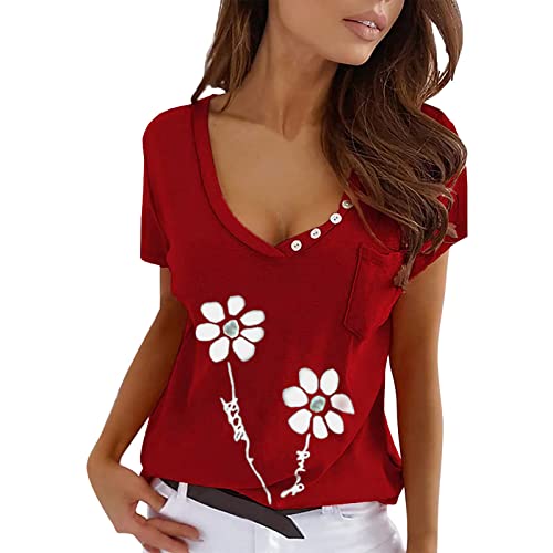 BIBOKAOKE T-Shirt Femme Sexy Décolleté Blouses Tee Shirt Femme Col V Sexy Tshirt Femme Grande Taille Chemisiers Motif Imprimé Tee Tops Décontracté Lâches Hauts Chic D'été Pull Top avec Poche