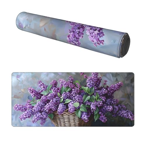 Image of Purple Flower Oil Painting Extended Gaming Mouse Pad, with Stitched Edges Large Mouse Pad Desk Protector, Rubber Base Mousepad Keyboard Mouses Mat for Work Game Office Home- 32 inch X 12 inch Inch