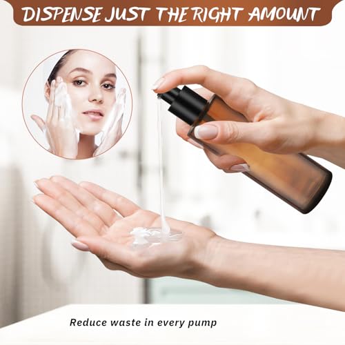 6 Pcs 100ml/3.4oz Amber Glass Pump Bottles Refillable Lotion Dispenser Cosmetic Sample Storage Container Vial with Black Pump Head for Liquid Foundation Soap Shower Gel Shampoo Toiletries4