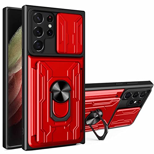 Coque Samsung S22 Ultra antichoc porte-carte béquille magnétique coque rouge robuste LJK