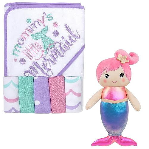 Image of Baby Hooded Towel Mermaid Baby Washcloths and Towel Set Girl with Mermaid Plush