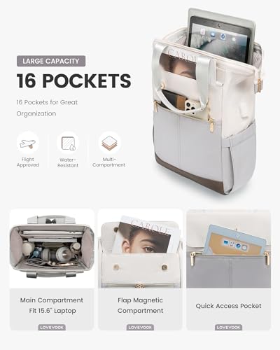 Image of LOVEVOOK Laptop Backpack for Women, 15.6 Inch Work Laptop Bag with USB Port, Fashion Teacher Nurse Backpack Purse, Waterproof Travel Computer Backpack with Organizer Bag, 2PCS, Beige-Light Grey