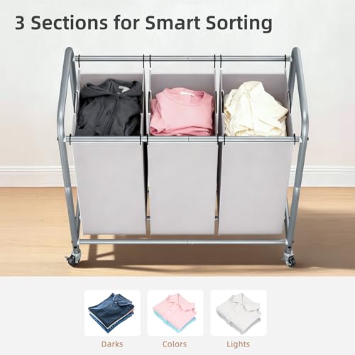 Image of STORAGE MANIAC 3 Section Laundry Sorter, 35.6 Gal (135 L) Laundry Hamper Cart with Heavy Duty Rolling Lockable Wheels and Removable Bags, Clothes Organizer Basket Separator Hamper, Gray