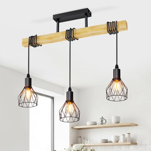 LVWIT Black Pendant Lighting Vintage Hanging Lights Wood Ceiling Light Fitting 3 Way Kitchen Light Ceiling Drop Lights Ceiling Industrial Ceiling lamp for Lving and Dining Room(E14 Base NO Bulbs)