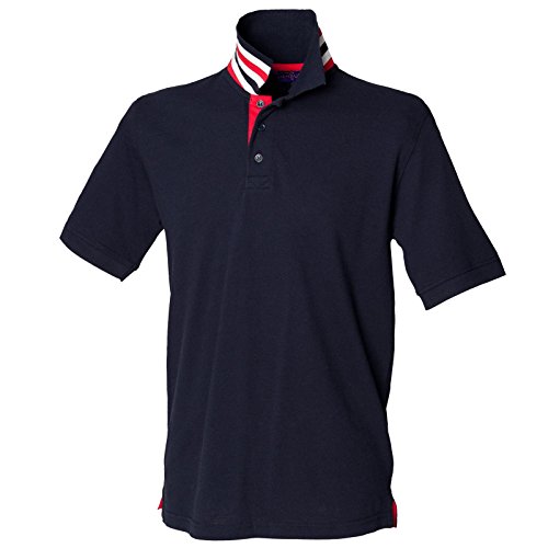 Henbury New Mens Stripe Collar Short Sleeved Pique Polo Shirt Navy/Red/White 2XL