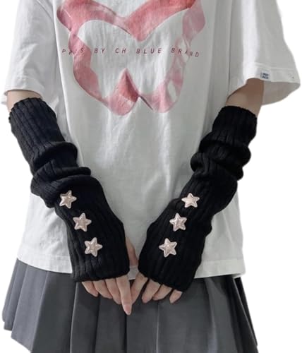 YongXinMY Y2K - Calentadores de brazos con patrón de estrella, para mujer, manga de brazo de punto de medio dedo, guantes sin dedos, guantes japoneses JK Harajuke adorables accesorios para
