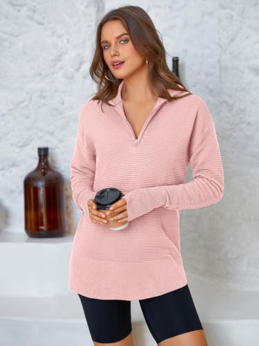 Image of PRETTYGARDEN Womens Long Sleeve Quarter Zip Pullover Sweater | Casual Loose V Neck Sweaters with Thumb Hole, Collared Ribbed Knit Jumper Tops, Oversized Tunic Tops, Fall Outfits 2026