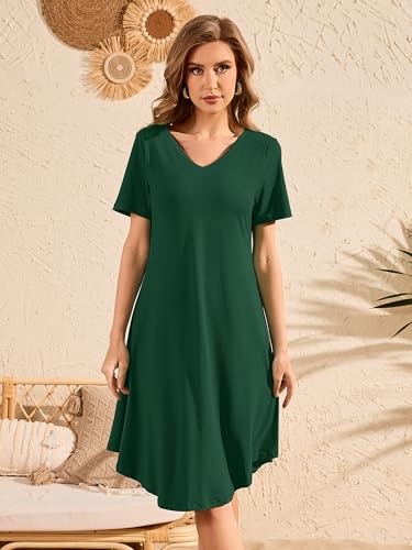 Image of DEARCASE Summer Dresses for Women V-Neck Short Sleeve T Shirt Dress Casual Flowy Swing Beach Vacation Mini Sundress