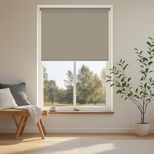 Amazon Basics 100% Blackout Roller Blinds for Windows (2 feet x7 feet WXH, Fossil) | Polyester | Manual Roll-Up | UV & Glare Protection | Thermal, Wat