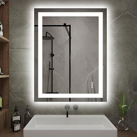Hivone LED Bathroom Mirror with Lights 28x36 Wall Vanity LED Mirror Stepless Dimmable,Double Front and Backlight,Anti-Fog,Memory Smart Mirror for Bathroom Cover