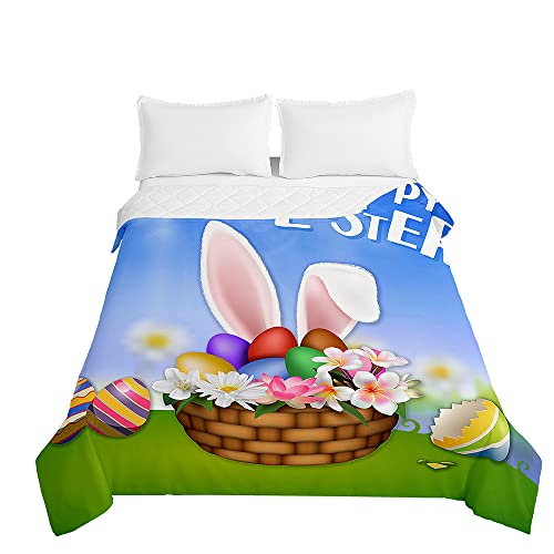 Chickwin Pâques Couvre Lit Matelassée, 3D Réversible ?ufs de Pâques Imprimé Doux Microfiber Été Couvre-lit Couverture de lit Jeté de Lit Dessus de Lit Courtepointe (100x150cm,Corbeille Marron)