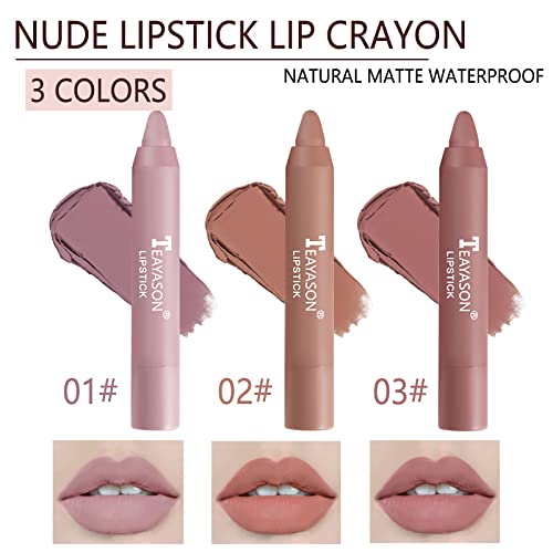 3 Colors Matte Lipstick Crayon Set, Nude Lipstick Velvet Air Lip Crayon Lip Stain Long Lasting Waterproof Lipstick For Women Makeup, Lip Stick Texture Silky Non-Fading Lipgloss Hydrating Lip Gloss Set (Set A) #TOP1