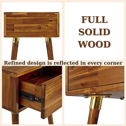 Image of Bme Caden Solid Wood Nightstand /Side Table /End Table, Fully Assembled, with 1-Drawer for Mid Century Bedroom and Living Room, Caramel
