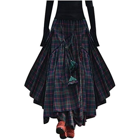 aihihe Women Ladies Full Ankle Length Plaid Print Retro A Line Maxi Long Skirt Elastic Waist Fringe Irregular Skirts Green Cover